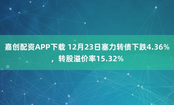 嘉创配资APP下载 12月23日塞力转债下跌4.36%,转股溢价率15.32%